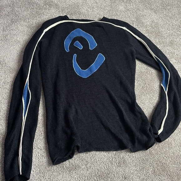 Armani Jeans Navy black contrast Futuristic Linen Mesh long sleeve Sweater XXL - Picture 2 of 15